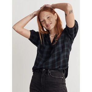 MADEWELL Cotton Muslin Lightspun Short Sleeve Top Plaid "Dark Baltic" Size Small